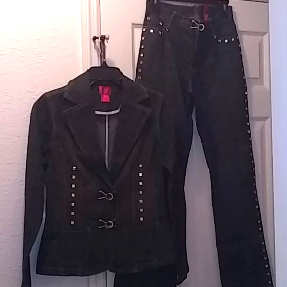 2-pc Very Vera Blue Denim Jacket & Jeans w/ Mirrored Reflective Studs